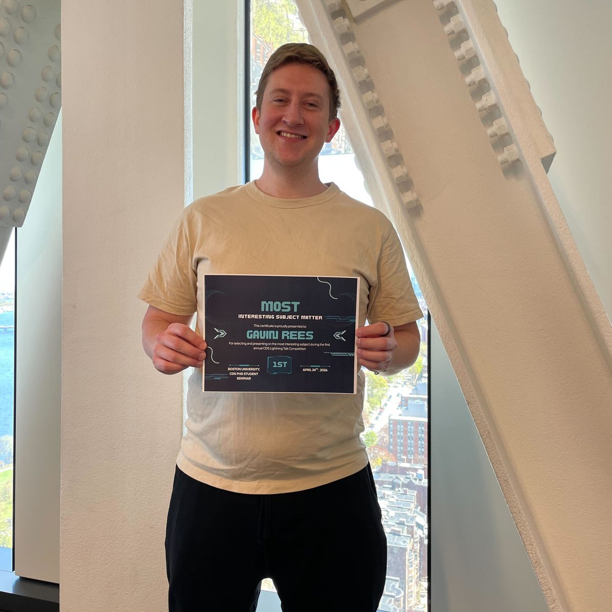 Gavin Rees holding the Most Interesting Subject Matter certificate